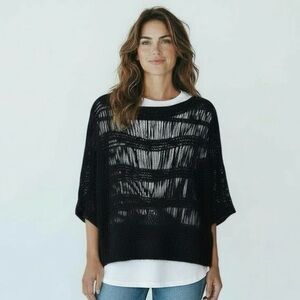 Chicos Open Weave Crocheted Elbow Length Sleeve Black Sweater